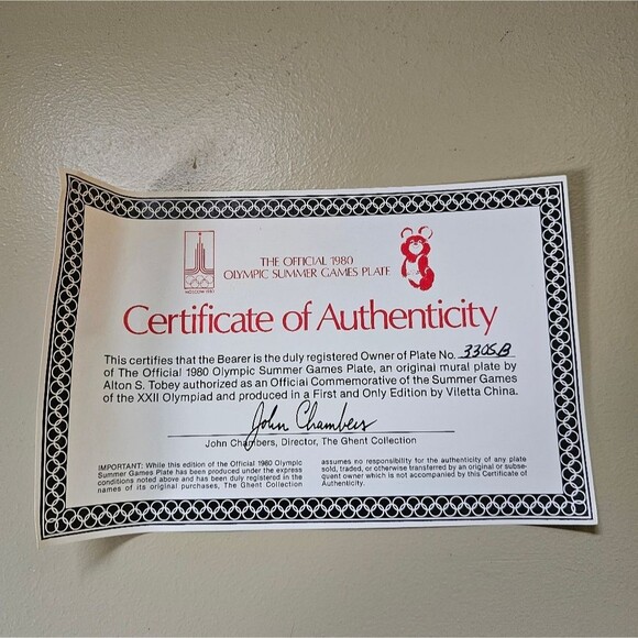 NEW 1980 Official Summer Olympics Moscow Plate | Certificate of Authorization - Picture 3 of 4